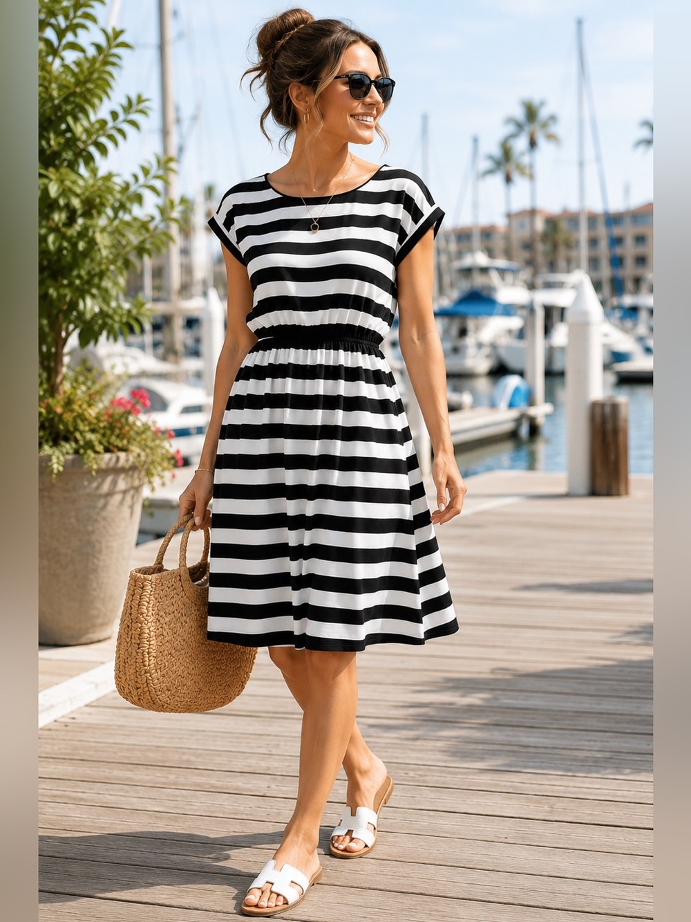 Soprano Black & White Striped‎ Fit & Flare Dress | Elastic Waist | Size Small